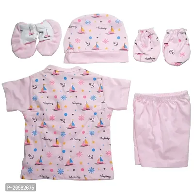 New Born Baby Clothes Set - 5-Piece Gift Set with Half Sleeves Jhabla Vest, T-Shirts, and Pant Shirt - Great New Born Baby Products All in One - Comfortable and Stylish Half Pant Outfits for Infants-thumb0