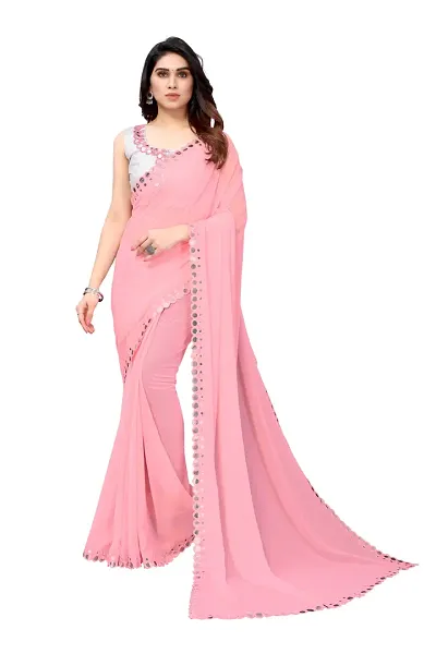 Women Georgette mirror border saree with Unstitched Blouse Piece