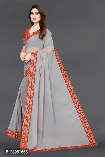 Women Grorgette plain saree with  Unstitched Blouse Piecee Grey-thumb2