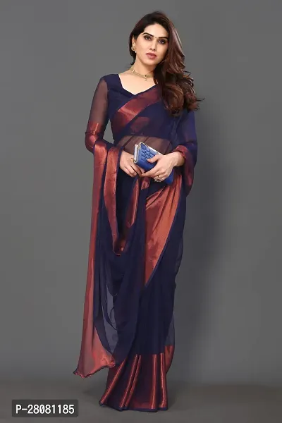 Women Chiffon weaving copper zari border saree with  Unstitched Blouse Piecee Navy blue-thumb3