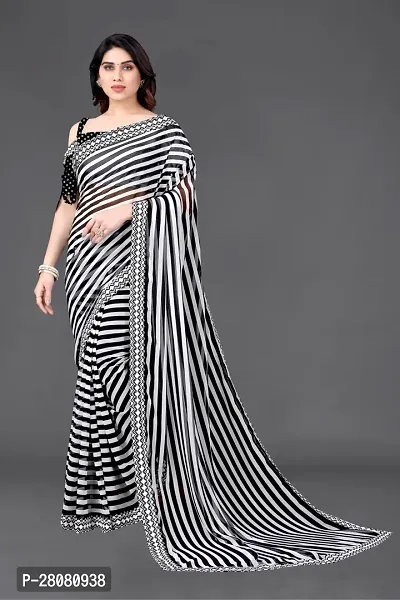 Elegant Black Moss Chiffon Striped Saree With Unstitched Blouse Piece-thumb5