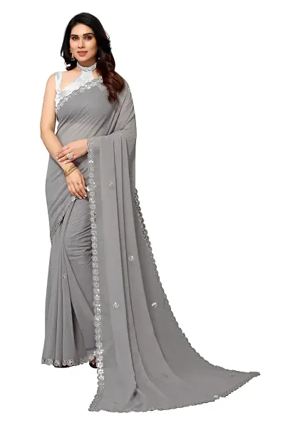 RISKWIN Women's Georgette Designer Mirror Border work Plain Saree