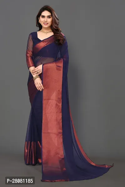 Women Chiffon weaving copper zari border saree with  Unstitched Blouse Piecee Navy blue-thumb0