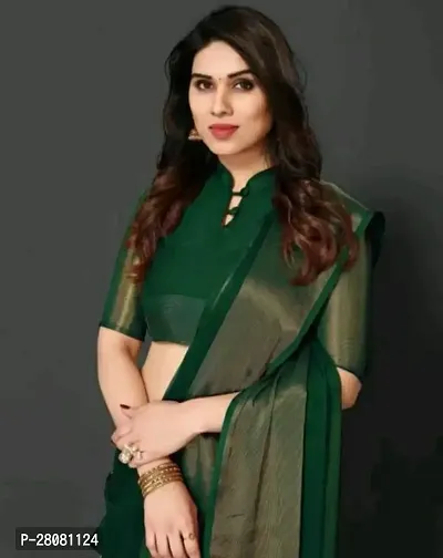 Women chiffon saree with weaving zari border saree with  Unstitched Blouse Piecee Green-thumb2