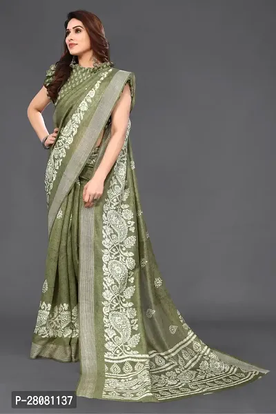 Women Cotton blend printed saree with  Unstitched Blouse Piecee Green-thumb4