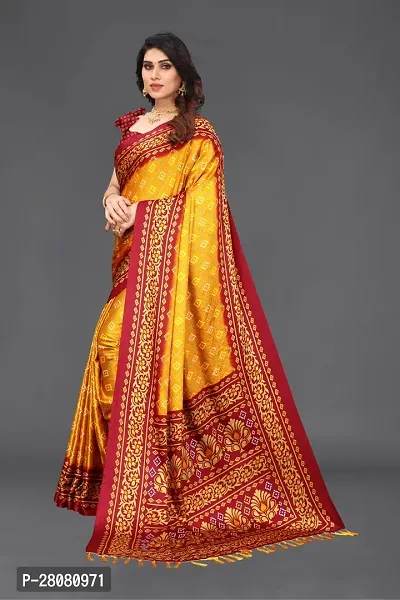 Women moss chiffon printed saree with  Unstitched Blouse Piecee yellow red-thumb2