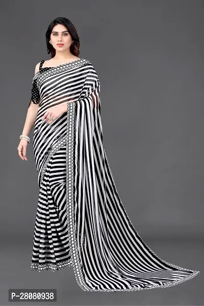 Elegant Black Moss Chiffon Striped Saree With Unstitched Blouse Piece-thumb0