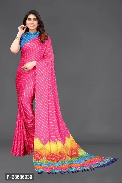 Elegant Pink Moss Chiffon Printed Saree With Unstitched Blouse Piece-thumb0