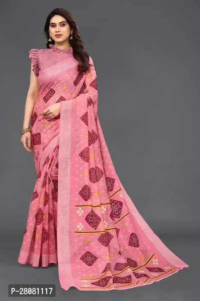 Elegant Pink Linen Printed  Saree With Unstitched Blouse Piece