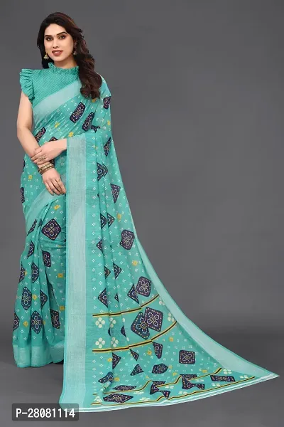 Elegant Green Linen Printed  Saree With Unstitched Blouse Piece