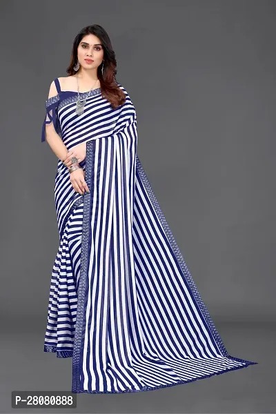 Elegant Navy Blue Georgette Striped  Saree With Unstitched Blouse Piece