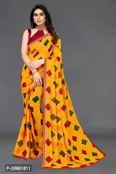 Women Georgette printed less border saree with  Unstitched Blouse Piecee Yellow-thumb0