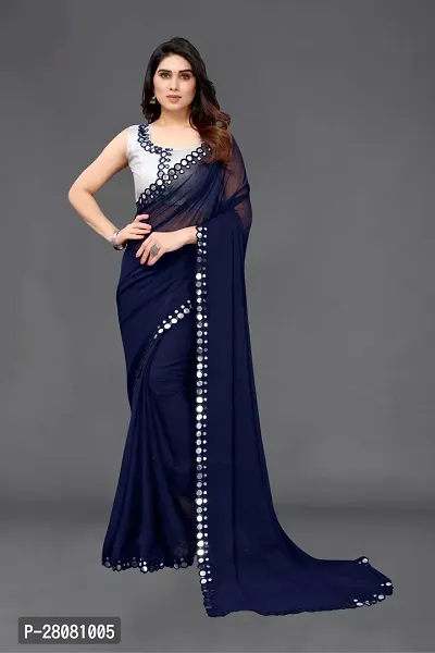 Women Georgette mirror border saree with  Unstitched Blouse Piecee navy blue