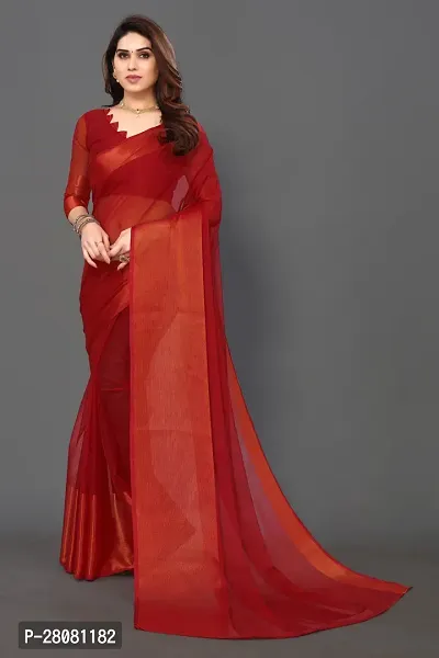 Women Chiffon weaving copper zari border saree with  Unstitched Blouse Piecee Red-thumb0