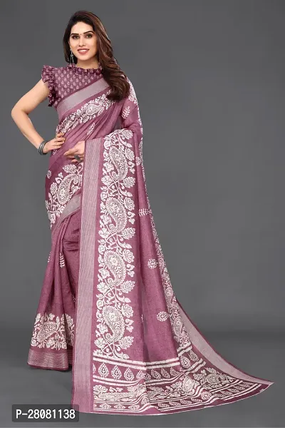 Women Cotton blend printed saree with  Unstitched Blouse Piecee Pink