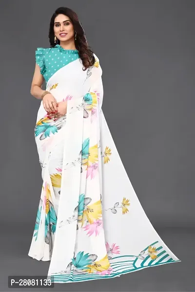 Women Georgette printed saree with  Unstitched Blouse Piecee White-thumb0