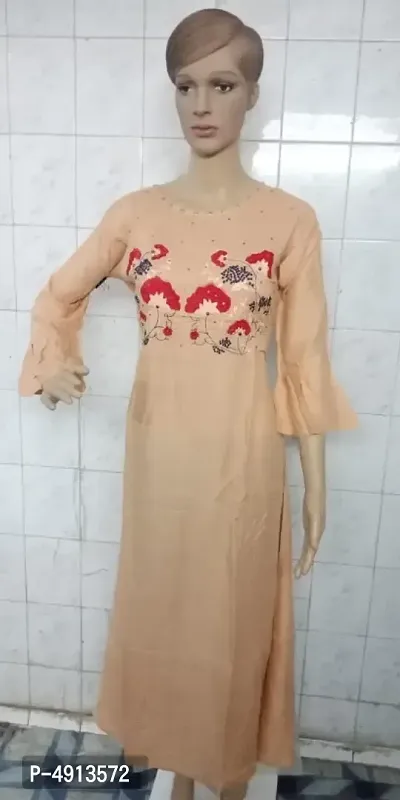 Stylish Rayon Rayon Peach Bell Sleeves Embroidered Ethnic Gown
