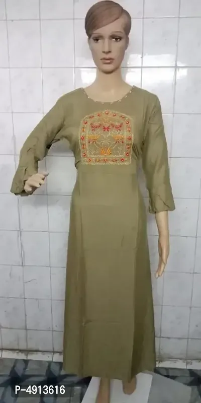 Stylish Rayon Khaki Embroidered Bell Sleeves Ethnic Gown For Women