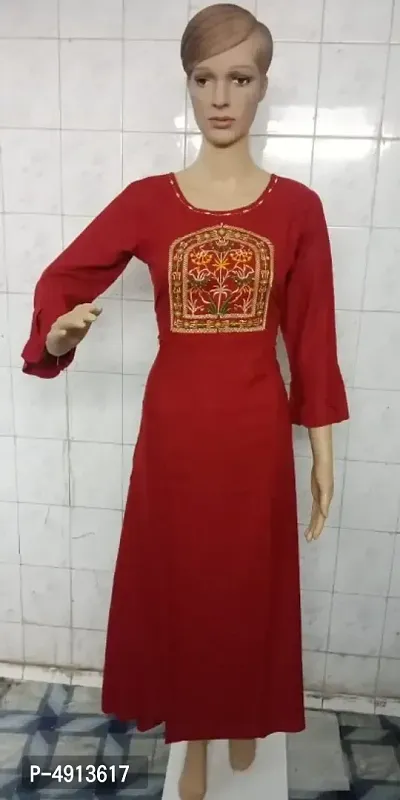 Stylish Rayon Red Embroidered Bell Sleeves Ethnic Gown For Women