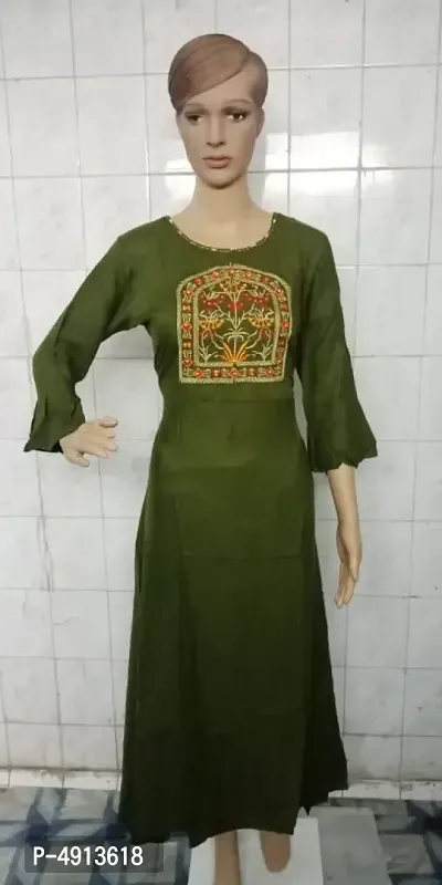 Stylish Rayon Green Embroidered Bell Sleeves Ethnic Gown For Women