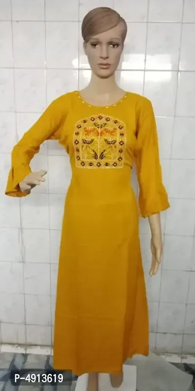 Stylish Rayon Mustard Embroidered Bell Sleeves Ethnic Gown For Women