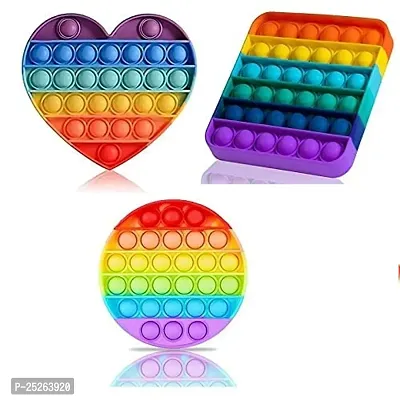 Round Square Heart Shape Pop Bubble Stress Relieving Silicone Pop It Fidget Toy Pack of 3 - Multicolor