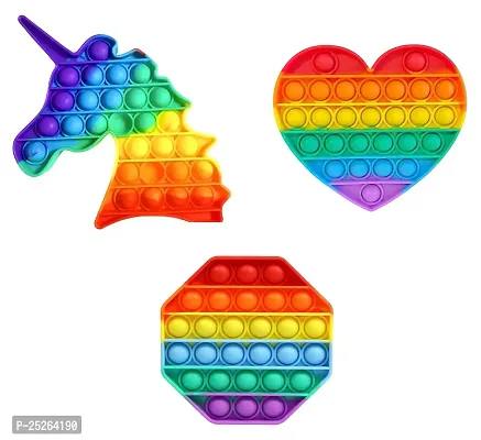 hexagone Unicorn Heart Shape Pop Bubble Stress Relieving Silicone Pop It Fidget Toy Pack of 3 - Multicolor