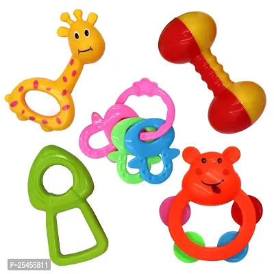 Littelwish Pack of 5 Rattle Set with Teathers for New Born Babies, Toy for Babies, Non-Toxic