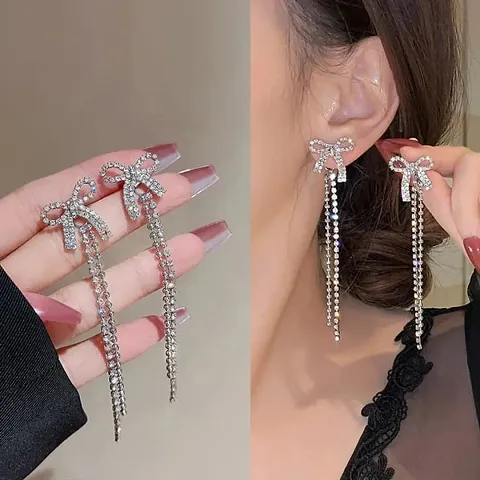 Miraclewood New Korean Two-wear Bowknot Long Tassel Sweet Earrings Women Girls 2 Pcs/Set Cubic Zirconia, Diamond Alloy Drops Danglers, Hoop Earring, Huggie Earring, Tassel Earring, Tunnel Earring