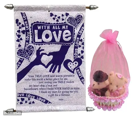 Saugat Traders Love Gift - Love Scroll Card with Couple Teddy in Basket