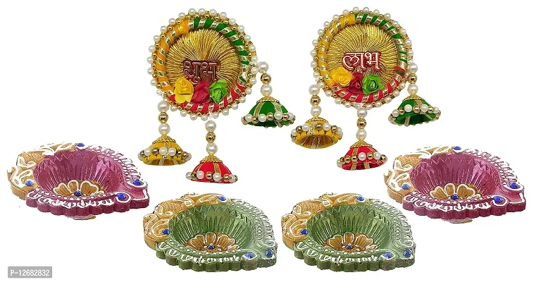Saugat Traders Beautiful Clay Diya and Designer Wall Hanging Shubh Labh for Decoration-Home Decor-Gifts-Inaugration-Grah Pravesh-Set of 4 Clay Diya with Subh Labh - Diwali Gift for Employees - Client