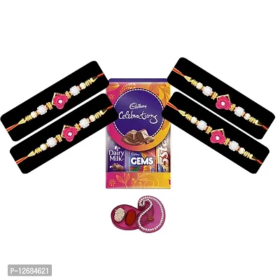 Lookool Designer Rakhi for Brother Set of 4 with Chocolate - Exclusive Stone Rakhi with Chocolate Box for Beloved Bhai - Raksha Bandhan Gifts with Roli Chawal and Chopra