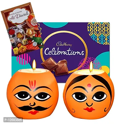 Saugat Traders Diwali Gift for Family  Friends - Chocolate with Male and Female Tea Light Candle Holder for Home Decor  Diwali Greeting Card - Shops - Office - Pooja/Temple - Diwali Decoration-thumb0