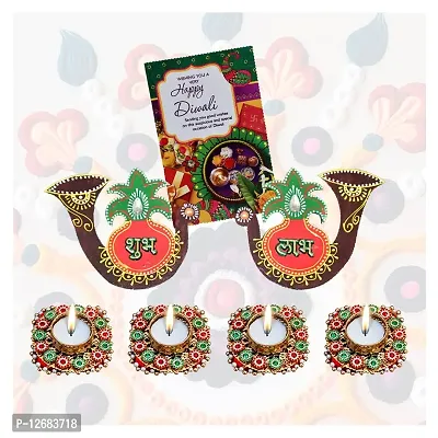 Saugat Traders Diwali Gift Pack - Decorative Shubh Labh with Set of 4 Tealight Candle Holder / Diwali Decoration/Office Decoration with Greeting Card - Corporate Gift for Client - Best Gift for Employees - Family-thumb0