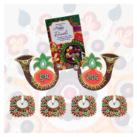 Saugat Traders Diwali Gift Pack - Decorative Shubh Labh with Set of 4 Tealight Candle Holder / Diwali Decoration/Office Decoration with Greeting Card - Corporate Gift for Client - Best Gift for Employees - Family