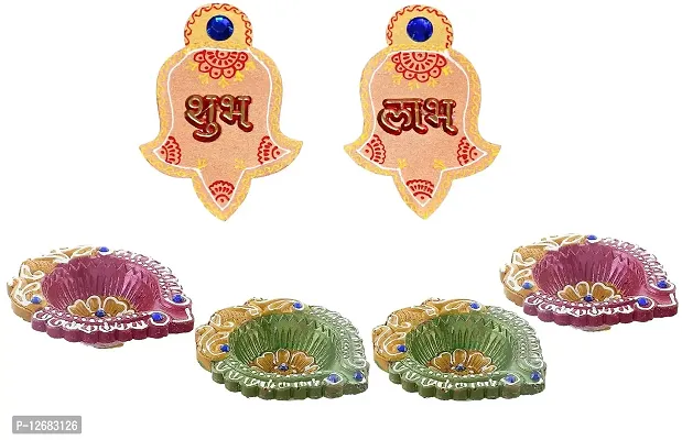Saugat Traders Decorative Pair of 4 Candles  Diyas with Wooden Shubh Labh-Home Decor-Navratri-Multicolor-thumb0