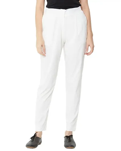 SUPRYIA Fashion Women's Solid White Cotton Flex Casual Trouser PantsFLEXPANT.White_L