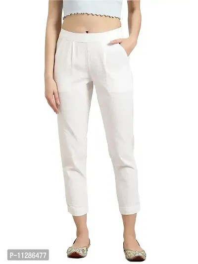 SUPRYIA Fashion Women's Cotton Lycra Blend Solid Regular Fit Casual Trousers White L A02-White_L