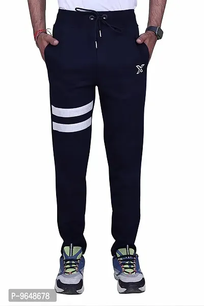 Comfortable Cotton Navy Blue Regular Fit Striped Track Pant For Men-thumb0