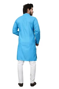 Cotton Blend Regular Fit Straight Full Sleeve Solid Plain Weaved Knee Length Kurta for Men (Sky Blue)-thumb3