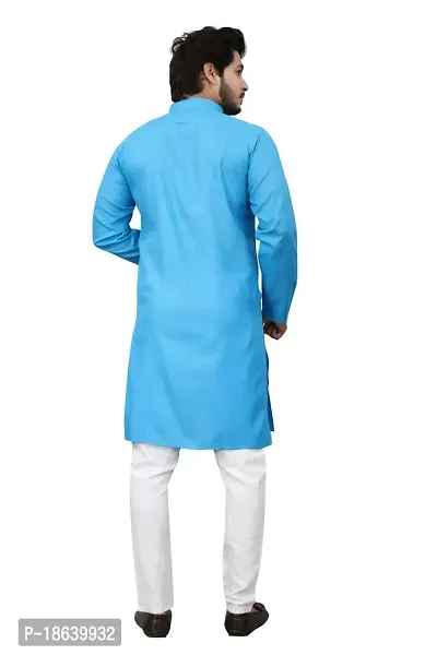 Cotton Blend Regular Fit Straight Full Sleeve Solid Plain Weaved Knee Length Kurta for Men (Sky Blue)-thumb4