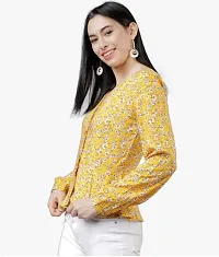 Falu EnterpriseWomen's Full Sleeve Deep V Neck Casual Peplum Wrap Blouse Top Yellow-thumb4