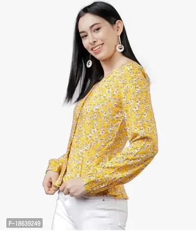 Falu EnterpriseWomen's Full Sleeve Deep V Neck Casual Peplum Wrap Blouse Top Yellow-thumb5