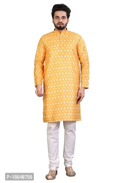 Kurta for Men Cotton Blend Long Abstract Printed Straight Fit (Yellow)