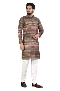 Kurta for Men Cotton Blend Long Abstract Printed Straight Fit (Brown)-thumb2