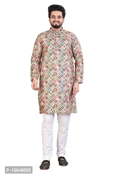 Kurta for Men Cotton Blend Long Abstract Printed Straight Fit (Multi Color)