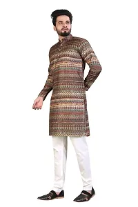 Kurta for Men Cotton Blend Long Abstract Printed Straight Fit (Brown)-thumb1