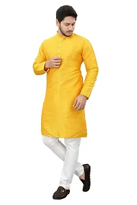 Falu Enterprise Men's Jacquard Silk Long Kurta (Yellow)-thumb2