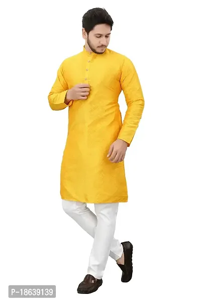 Falu Enterprise Men's Jacquard Silk Long Kurta (Yellow)-thumb3