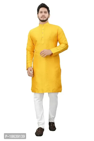 Falu Enterprise Men's Jacquard Silk Long Kurta (Yellow)-thumb0